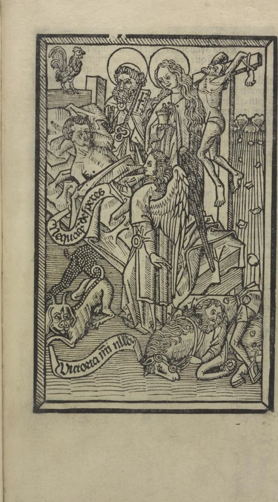An illustration from Ars morie[n]di, ex varijs Scripturaru[m] sente[n]tijs collecta cu[m] figuris, ad resistendum in mortis agone dyabolice sugestio[n]i valens, cuilibet Christifideli vtilis ac multum necessaria, 1500, leaf 24