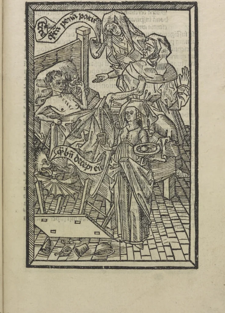 An illustration from Ars morie[n]di, ex varijs Scripturaru[m] sente[n]tijs collecta cu[m] figuris, ad resistendum in mortis agone dyabolice sugestio[n]i valens, cuilibet Christifideli vtilis ac multum necessaria, 1500, leaf 26