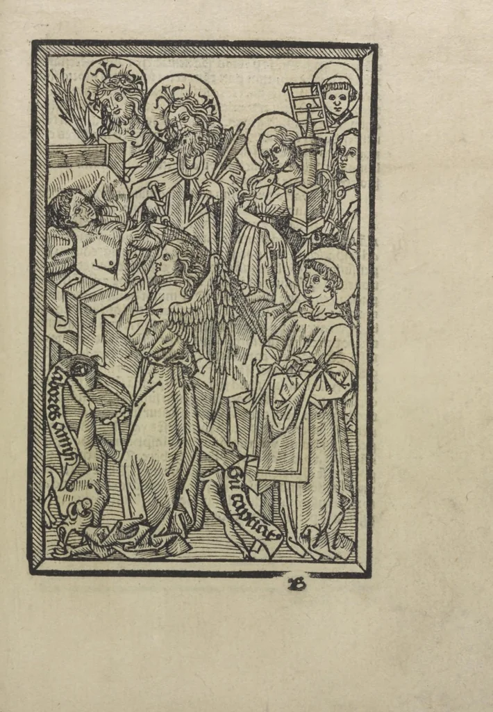 An illustration from Ars morie[n]di, ex varijs Scripturaru[m] sente[n]tijs collecta cu[m] figuris, ad resistendum in mortis agone dyabolice sugestio[n]i valens, cuilibet Christifideli vtilis ac multum necessaria, 1500, leaf 28