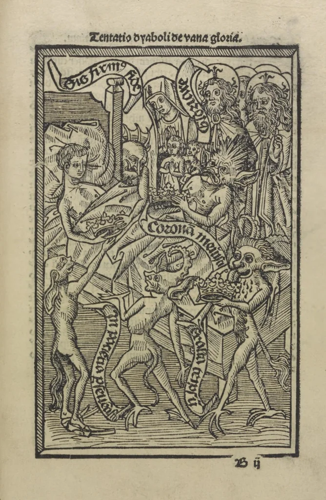 An illustration from Ars morie[n]di, ex varijs Scripturaru[m] sente[n]tijs collecta cu[m] figuris, ad resistendum in mortis agone dyabolice sugestio[n]i valens, cuilibet Christifideli vtilis ac multum necessaria, 1500, leaf 30