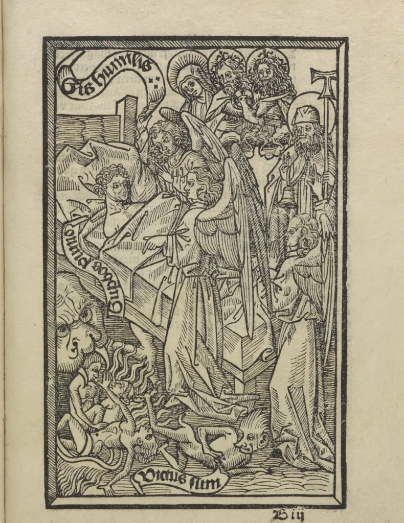 An illustration from Ars morie[n]di, ex varijs Scripturaru[m] sente[n]tijs collecta cu[m] figuris, ad resistendum in mortis agone dyabolice sugestio[n]i valens, cuilibet Christifideli vtilis ac multum necessaria, 1500, leaf 32