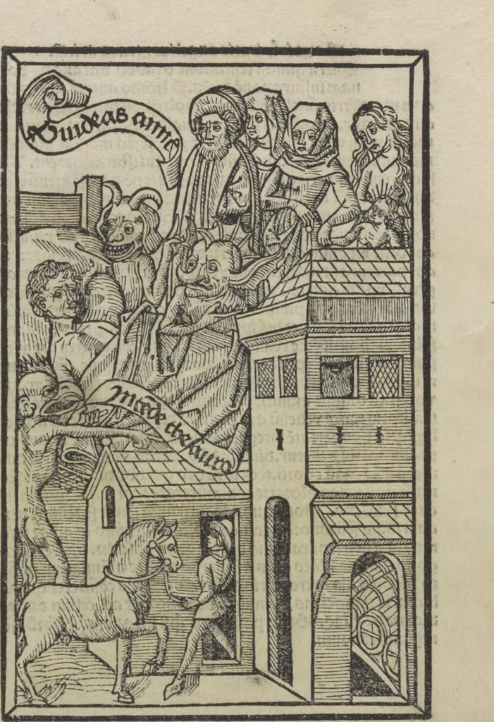 An illustration from Ars morie[n]di, ex varijs Scripturaru[m] sente[n]tijs collecta cu[m] figuris, ad resistendum in mortis agone dyabolice sugestio[n]i valens, cuilibet Christifideli vtilis ac multum necessaria, 1500, leaf 34