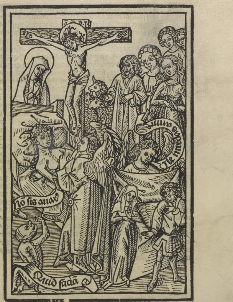 An illustration from Ars morie[n]di, ex varijs Scripturaru[m] sente[n]tijs collecta cu[m] figuris, ad resistendum in mortis agone dyabolice sugestio[n]i valens, cuilibet Christifideli vtilis ac multum necessaria, 1500, leaf 36