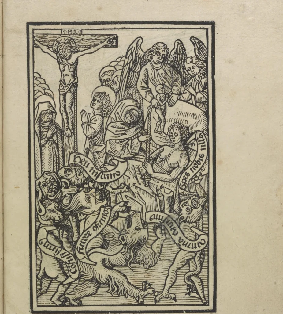 An illustration from Ars morie[n]di, ex varijs Scripturaru[m] sente[n]tijs collecta cu[m] figuris, ad resistendum in mortis agone dyabolice sugestio[n]i valens, cuilibet Christifideli vtilis ac multum necessaria, 1500, leaf 38