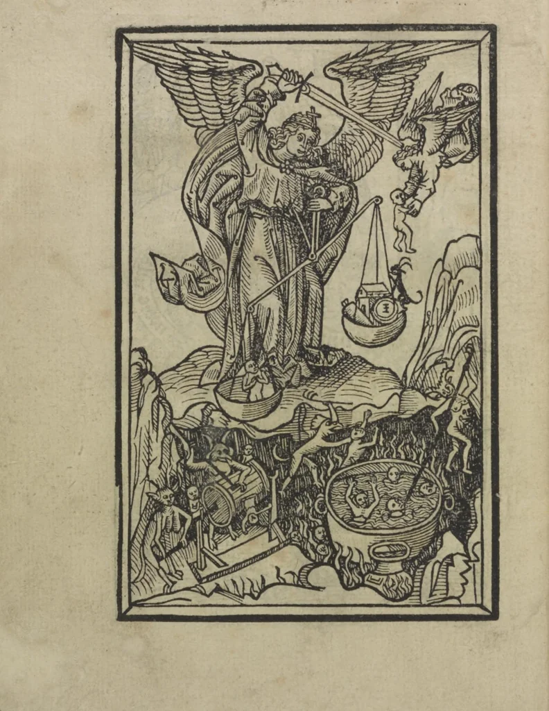 An illustration from Ars morie[n]di, ex varijs Scripturaru[m] sente[n]tijs collecta cu[m] figuris, ad resistendum in mortis agone dyabolice sugestio[n]i valens, cuilibet Christifideli vtilis ac multum necessaria, 1500, leaf 39