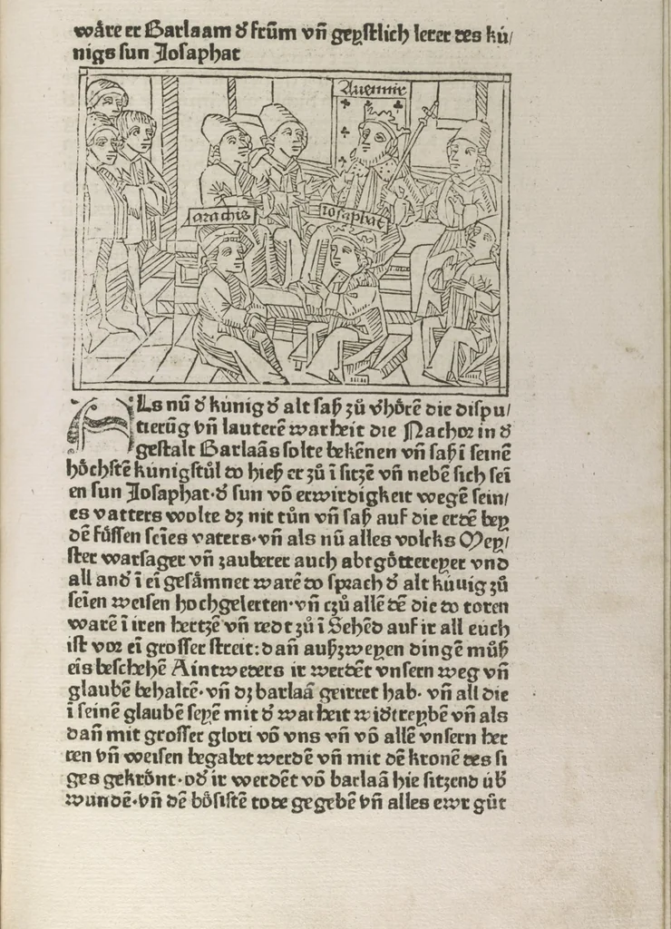An illustration from Eyn gar loblich ... Cronica sagend von eynem heyligen Kunig mit Namen Josaphat, wie der ward bekeret von eynem heyligen Vatter vnnd Aynsideln genant Barlaam, 1476, leaf 102