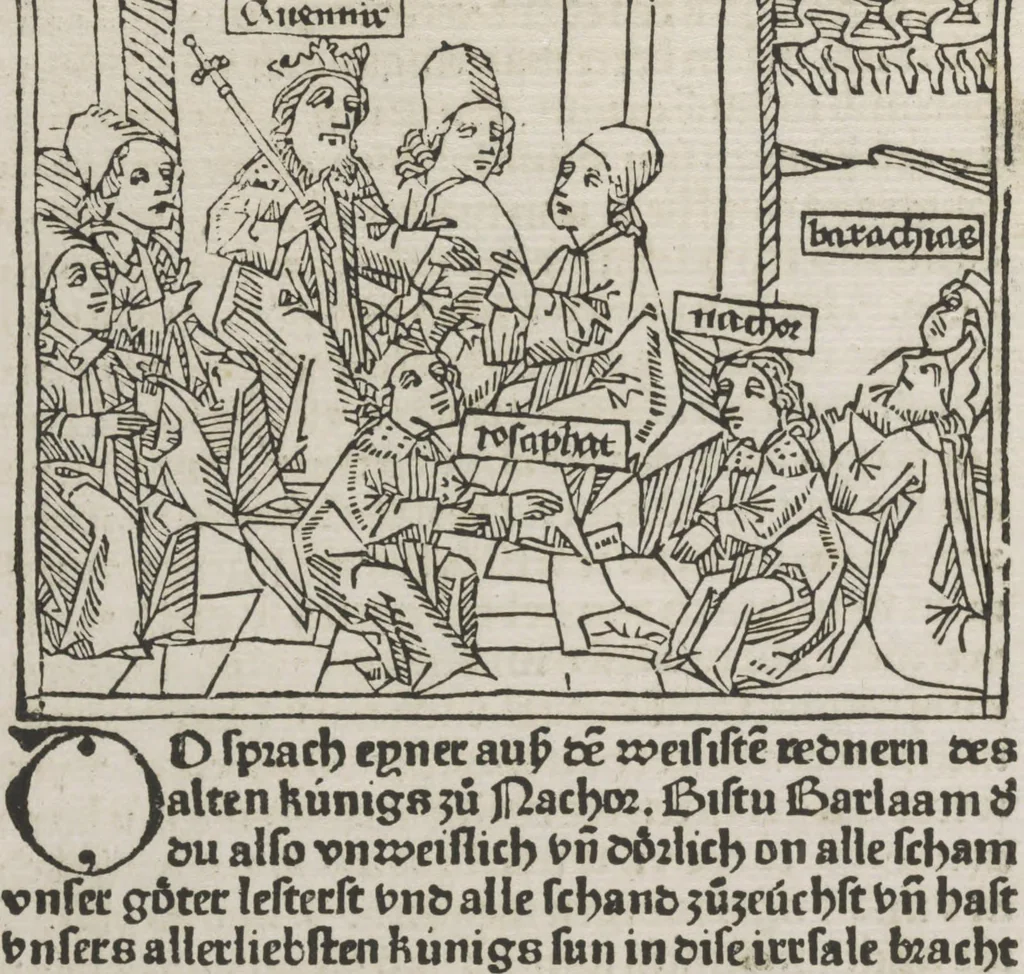 An illustration from Eyn gar loblich ... Cronica sagend von eynem heyligen Kunig mit Namen Josaphat, wie der ward bekeret von eynem heyligen Vatter vnnd Aynsideln genant Barlaam, 1476, leaf 105