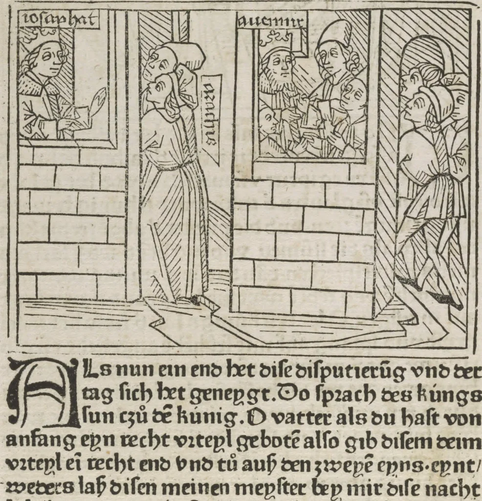 An illustration from Eyn gar loblich ... Cronica sagend von eynem heyligen Kunig mit Namen Josaphat, wie der ward bekeret von eynem heyligen Vatter vnnd Aynsideln genant Barlaam, 1476, leaf 117