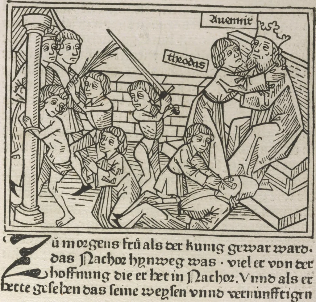 An illustration from Eyn gar loblich ... Cronica sagend von eynem heyligen Kunig mit Namen Josaphat, wie der ward bekeret von eynem heyligen Vatter vnnd Aynsideln genant Barlaam, 1476, leaf 122