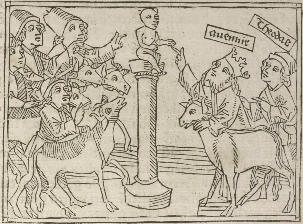 An illustration from Eyn gar loblich ... Cronica sagend von eynem heyligen Kunig mit Namen Josaphat, wie der ward bekeret von eynem heyligen Vatter vnnd Aynsideln genant Barlaam, 1476, leaf 124