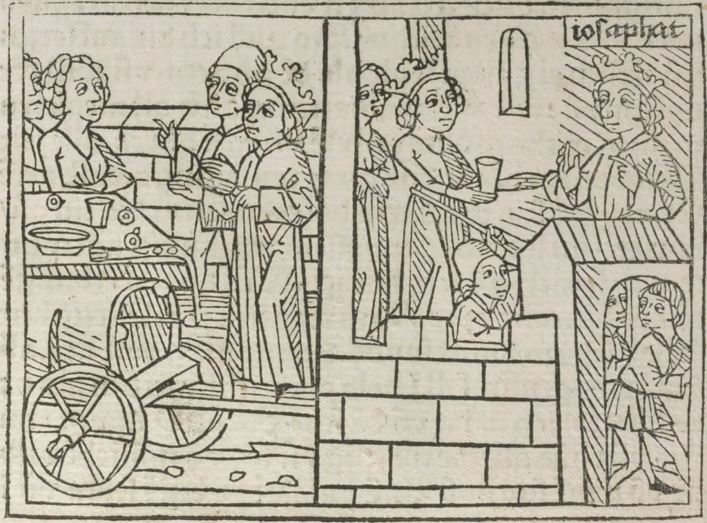 An illustration from Eyn gar loblich ... Cronica sagend von eynem heyligen Kunig mit Namen Josaphat, wie der ward bekeret von eynem heyligen Vatter vnnd Aynsideln genant Barlaam, 1476, leaf 126