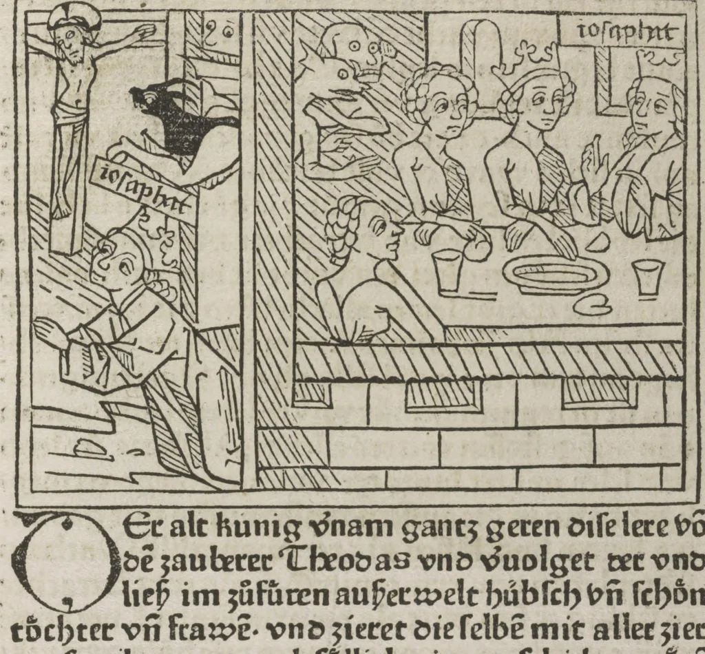 An illustration from Eyn gar loblich ... Cronica sagend von eynem heyligen Kunig mit Namen Josaphat, wie der ward bekeret von eynem heyligen Vatter vnnd Aynsideln genant Barlaam, 1476, leaf 130