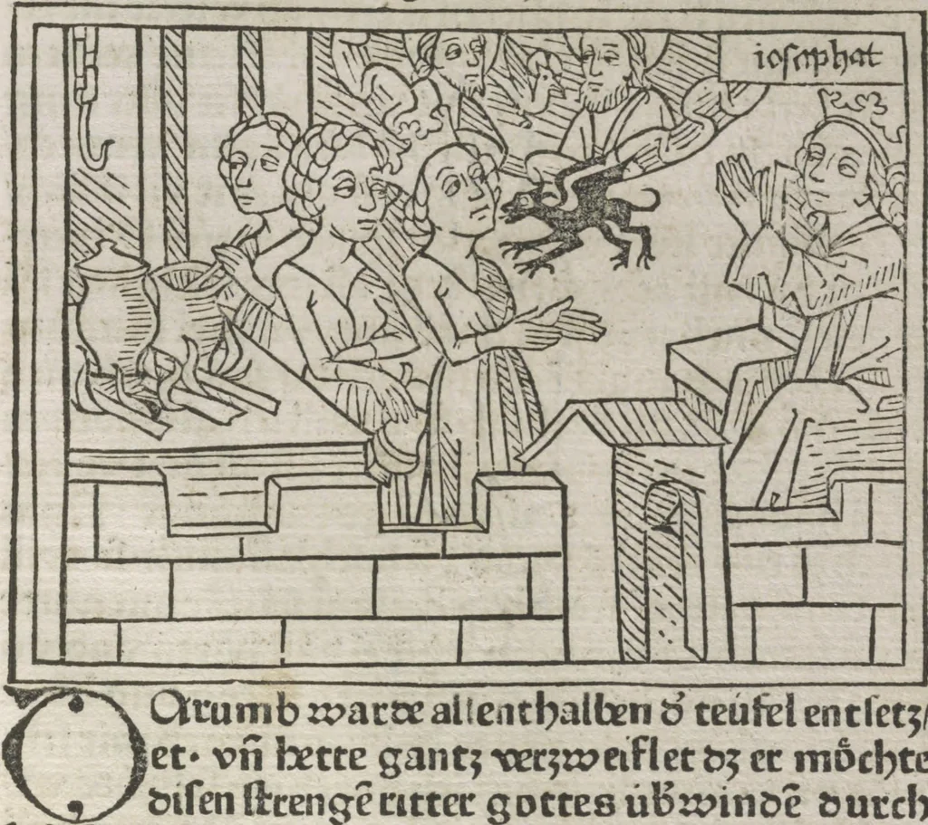 An illustration from Eyn gar loblich ... Cronica sagend von eynem heyligen Kunig mit Namen Josaphat, wie der ward bekeret von eynem heyligen Vatter vnnd Aynsideln genant Barlaam, 1476, leaf 132