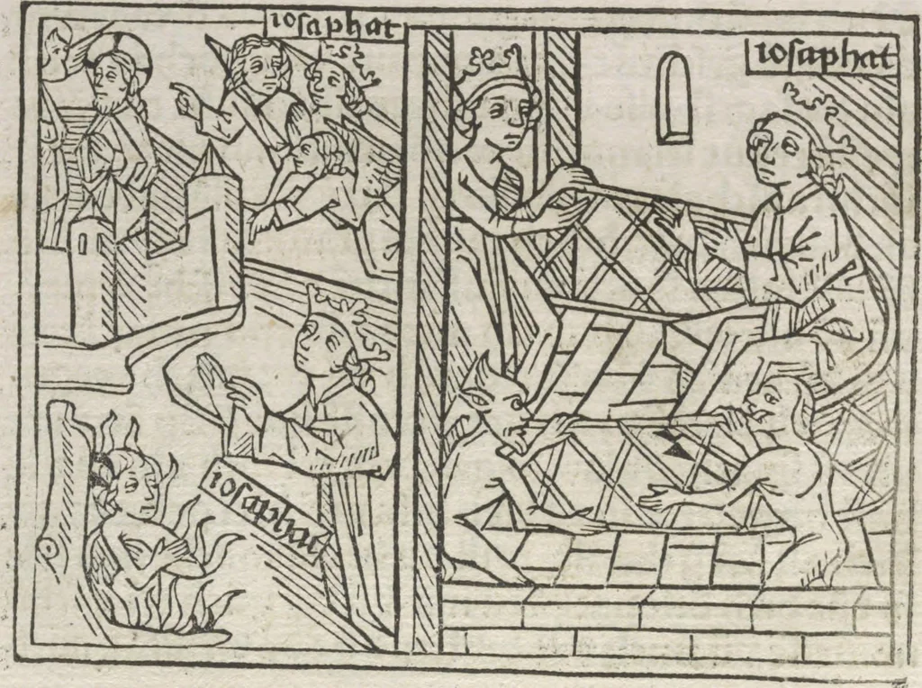 An illustration from Eyn gar loblich ... Cronica sagend von eynem heyligen Kunig mit Namen Josaphat, wie der ward bekeret von eynem heyligen Vatter vnnd Aynsideln genant Barlaam, 1476, leaf 135
