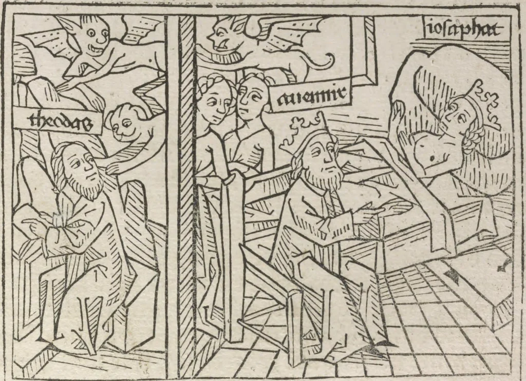 An illustration from Eyn gar loblich ... Cronica sagend von eynem heyligen Kunig mit Namen Josaphat, wie der ward bekeret von eynem heyligen Vatter vnnd Aynsideln genant Barlaam, 1476, leaf 138