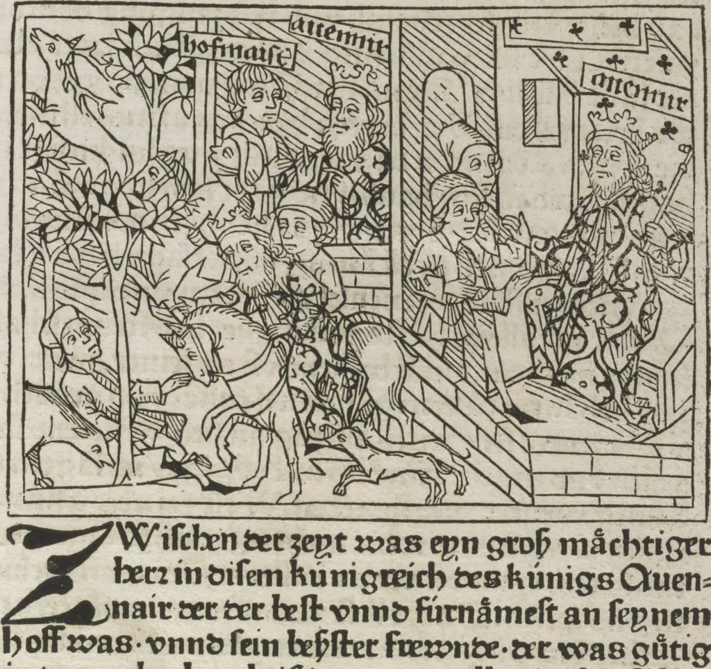 An illustration from Eyn gar loblich ... Cronica sagend von eynem heyligen Kunig mit Namen Josaphat, wie der ward bekeret von eynem heyligen Vatter vnnd Aynsideln genant Barlaam, 1476, leaf 14