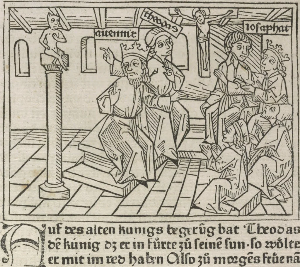 An illustration from Eyn gar loblich ... Cronica sagend von eynem heyligen Kunig mit Namen Josaphat, wie der ward bekeret von eynem heyligen Vatter vnnd Aynsideln genant Barlaam, 1476, leaf 140