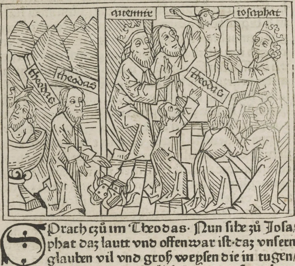 An illustration from Eyn gar loblich ... Cronica sagend von eynem heyligen Kunig mit Namen Josaphat, wie der ward bekeret von eynem heyligen Vatter vnnd Aynsideln genant Barlaam, 1476, leaf 143