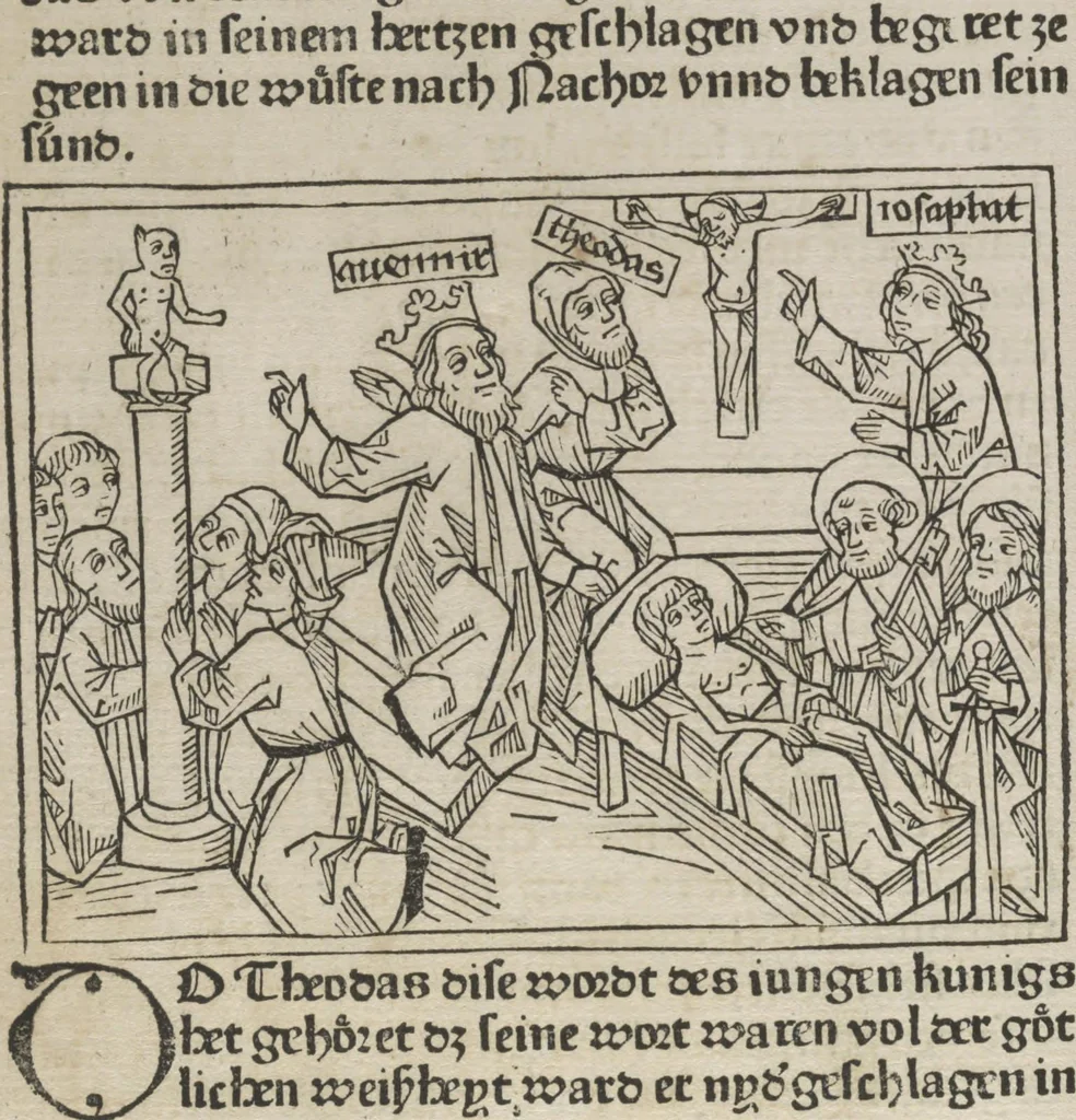 An illustration from Eyn gar loblich ... Cronica sagend von eynem heyligen Kunig mit Namen Josaphat, wie der ward bekeret von eynem heyligen Vatter vnnd Aynsideln genant Barlaam, 1476, leaf 145