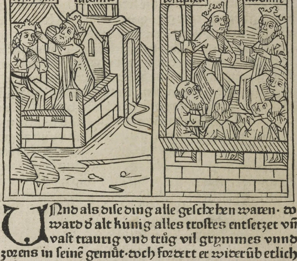 An illustration from Eyn gar loblich ... Cronica sagend von eynem heyligen Kunig mit Namen Josaphat, wie der ward bekeret von eynem heyligen Vatter vnnd Aynsideln genant Barlaam, 1476, leaf 148