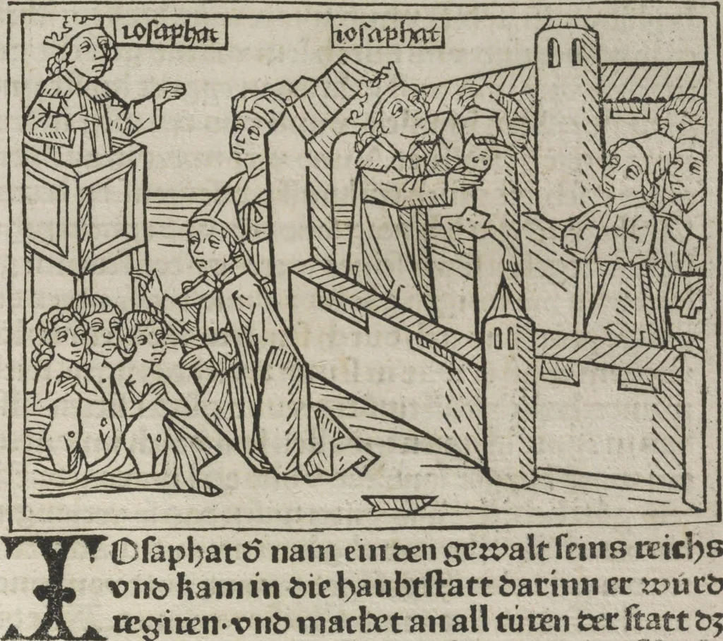 An illustration from Eyn gar loblich ... Cronica sagend von eynem heyligen Kunig mit Namen Josaphat, wie der ward bekeret von eynem heyligen Vatter vnnd Aynsideln genant Barlaam, 1476, leaf 150