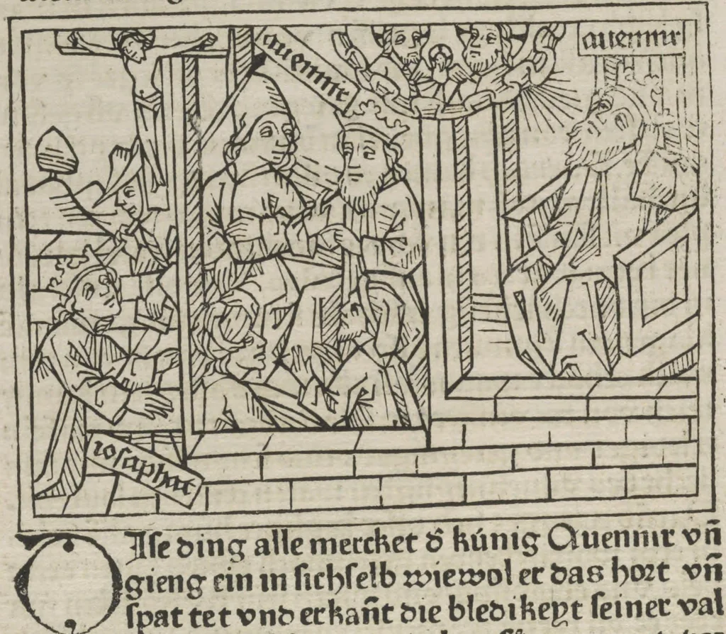 An illustration from Eyn gar loblich ... Cronica sagend von eynem heyligen Kunig mit Namen Josaphat, wie der ward bekeret von eynem heyligen Vatter vnnd Aynsideln genant Barlaam, 1476, leaf 153