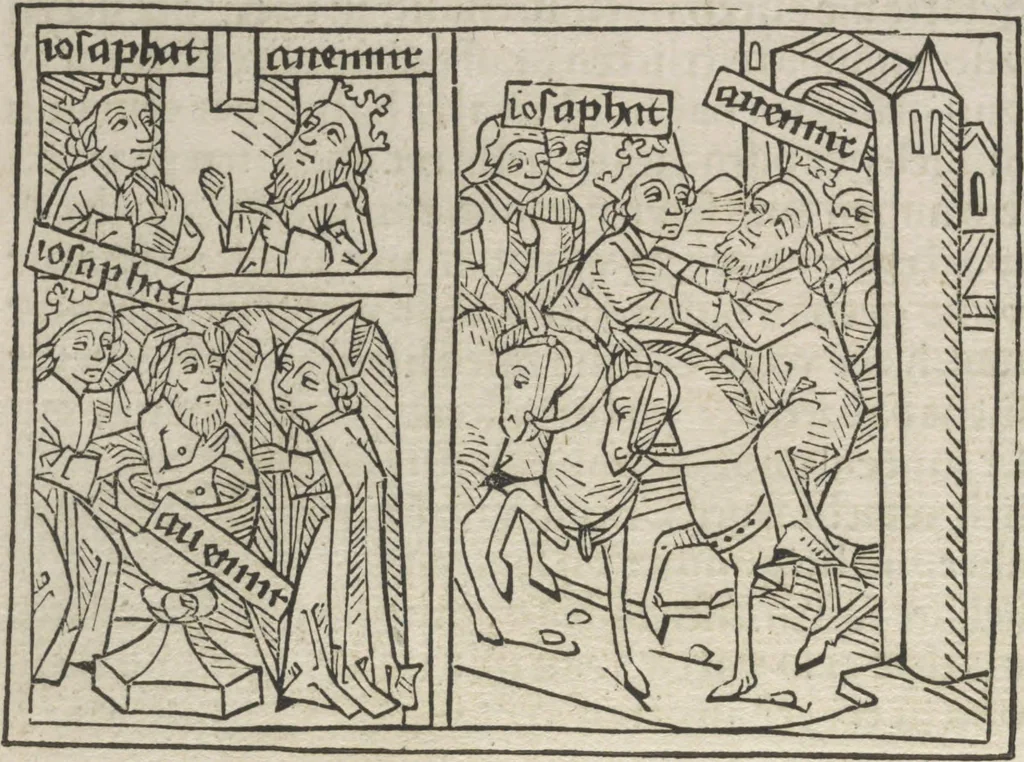 An illustration from Eyn gar loblich ... Cronica sagend von eynem heyligen Kunig mit Namen Josaphat, wie der ward bekeret von eynem heyligen Vatter vnnd Aynsideln genant Barlaam, 1476, leaf 155