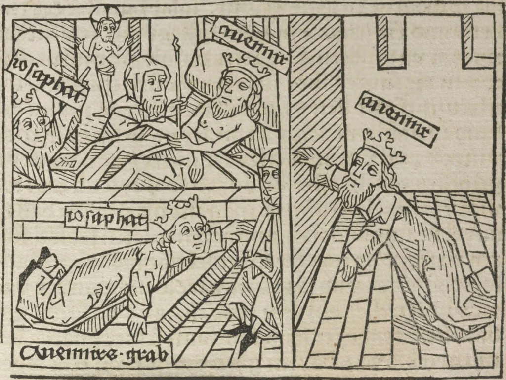 An illustration from Eyn gar loblich ... Cronica sagend von eynem heyligen Kunig mit Namen Josaphat, wie der ward bekeret von eynem heyligen Vatter vnnd Aynsideln genant Barlaam, 1476, leaf 158