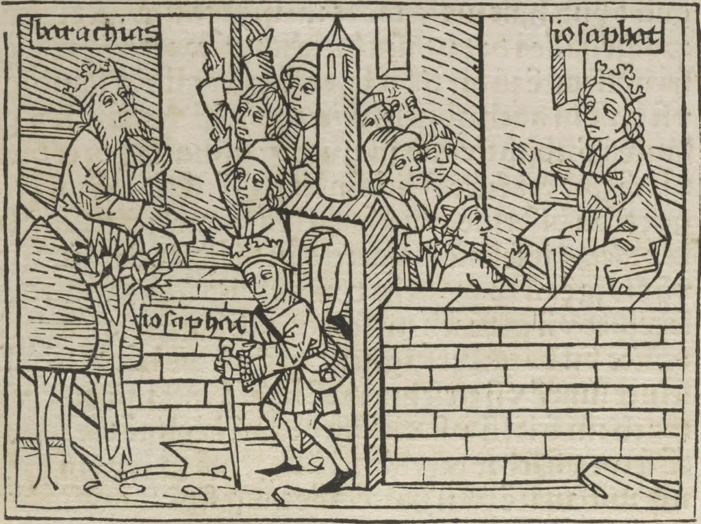 An illustration from Eyn gar loblich ... Cronica sagend von eynem heyligen Kunig mit Namen Josaphat, wie der ward bekeret von eynem heyligen Vatter vnnd Aynsideln genant Barlaam, 1476, leaf 161