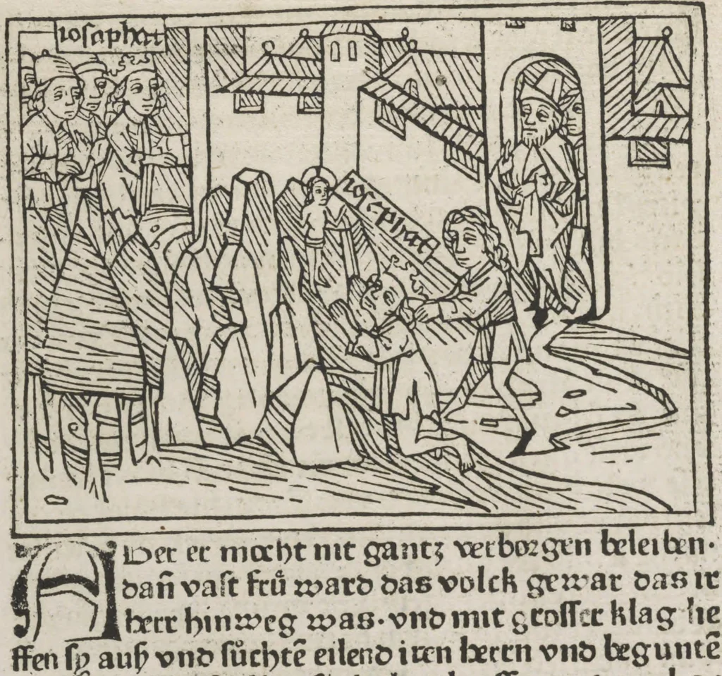 An illustration from Eyn gar loblich ... Cronica sagend von eynem heyligen Kunig mit Namen Josaphat, wie der ward bekeret von eynem heyligen Vatter vnnd Aynsideln genant Barlaam, 1476, leaf 165