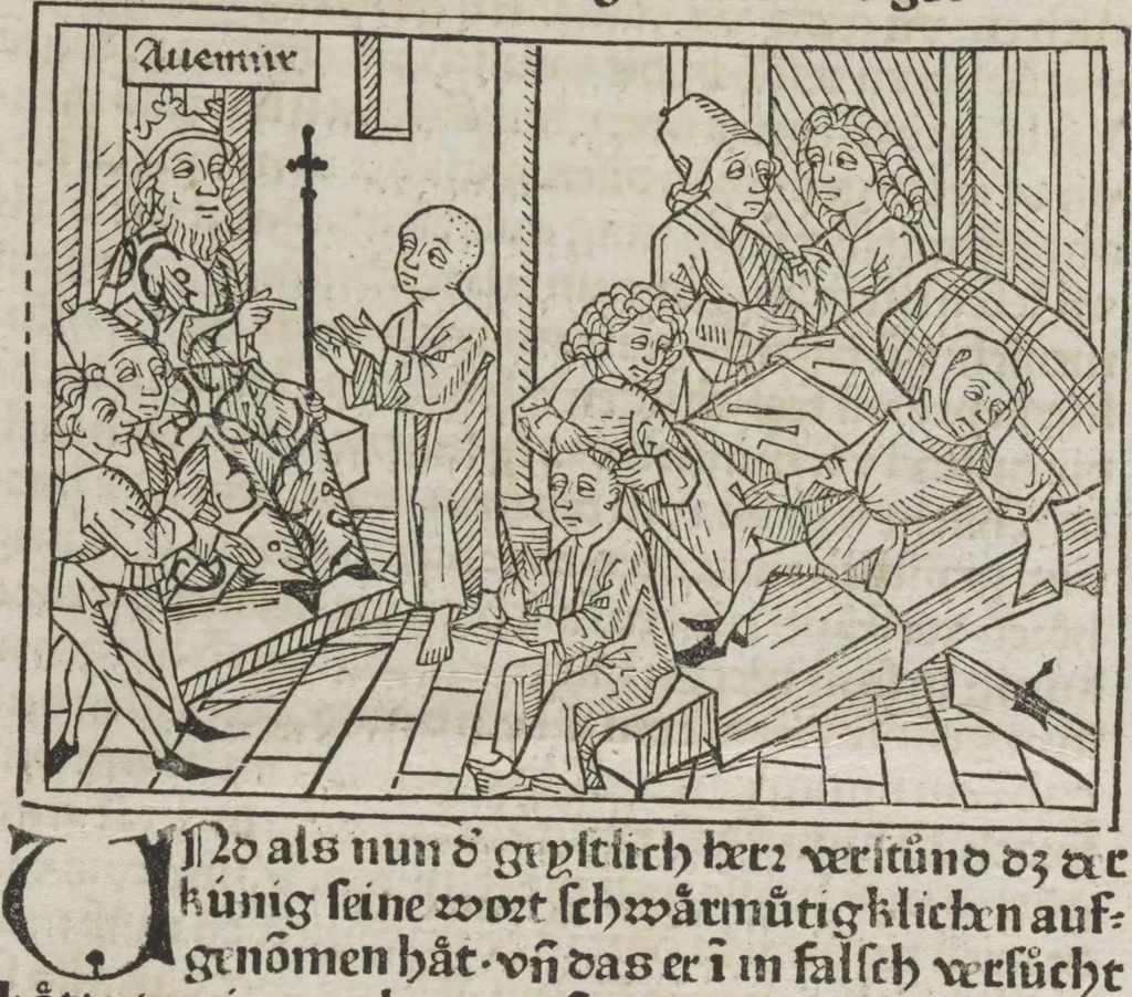 An illustration from Eyn gar loblich ... Cronica sagend von eynem heyligen Kunig mit Namen Josaphat, wie der ward bekeret von eynem heyligen Vatter vnnd Aynsideln genant Barlaam, 1476, leaf 17