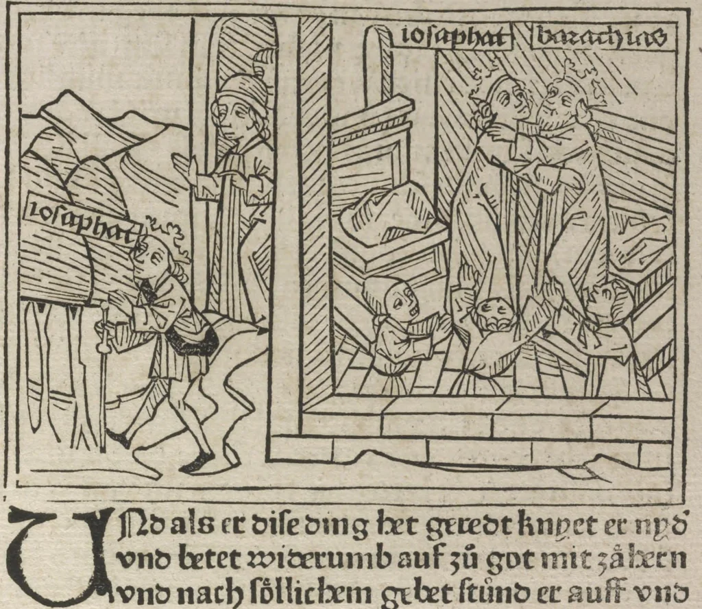 An illustration from Eyn gar loblich ... Cronica sagend von eynem heyligen Kunig mit Namen Josaphat, wie der ward bekeret von eynem heyligen Vatter vnnd Aynsideln genant Barlaam, 1476, leaf 170