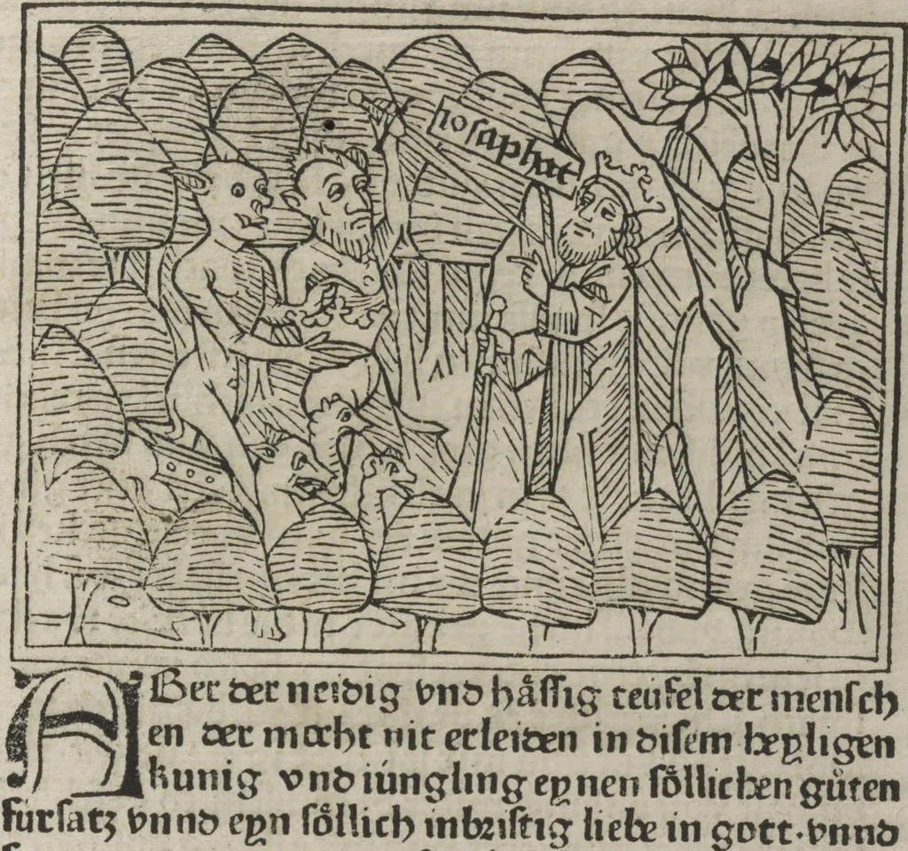 An illustration from Eyn gar loblich ... Cronica sagend von eynem heyligen Kunig mit Namen Josaphat, wie der ward bekeret von eynem heyligen Vatter vnnd Aynsideln genant Barlaam, 1476, leaf 174