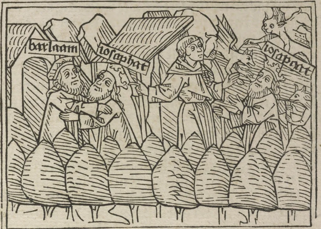 An illustration from Eyn gar loblich ... Cronica sagend von eynem heyligen Kunig mit Namen Josaphat, wie der ward bekeret von eynem heyligen Vatter vnnd Aynsideln genant Barlaam, 1476, leaf 176