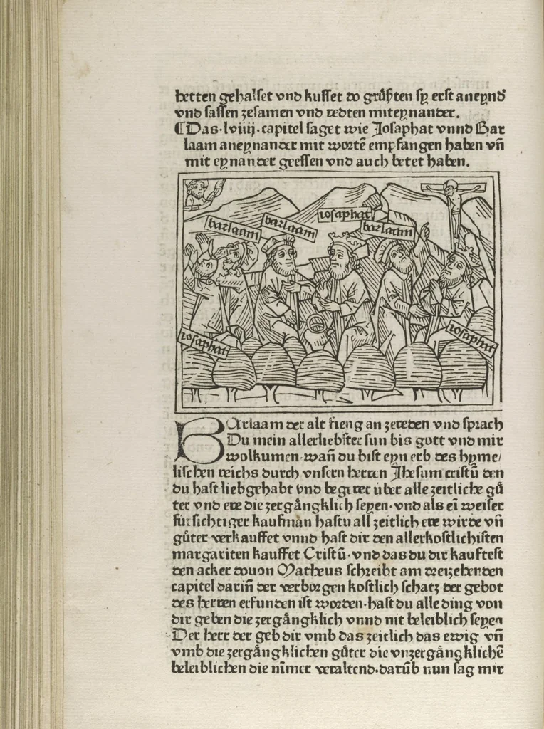 An illustration from Eyn gar loblich ... Cronica sagend von eynem heyligen Kunig mit Namen Josaphat, wie der ward bekeret von eynem heyligen Vatter vnnd Aynsideln genant Barlaam, 1476, leaf 179