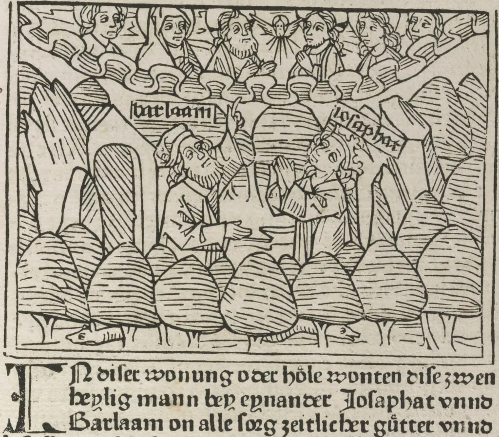 An illustration from Eyn gar loblich ... Cronica sagend von eynem heyligen Kunig mit Namen Josaphat, wie der ward bekeret von eynem heyligen Vatter vnnd Aynsideln genant Barlaam, 1476, leaf 182