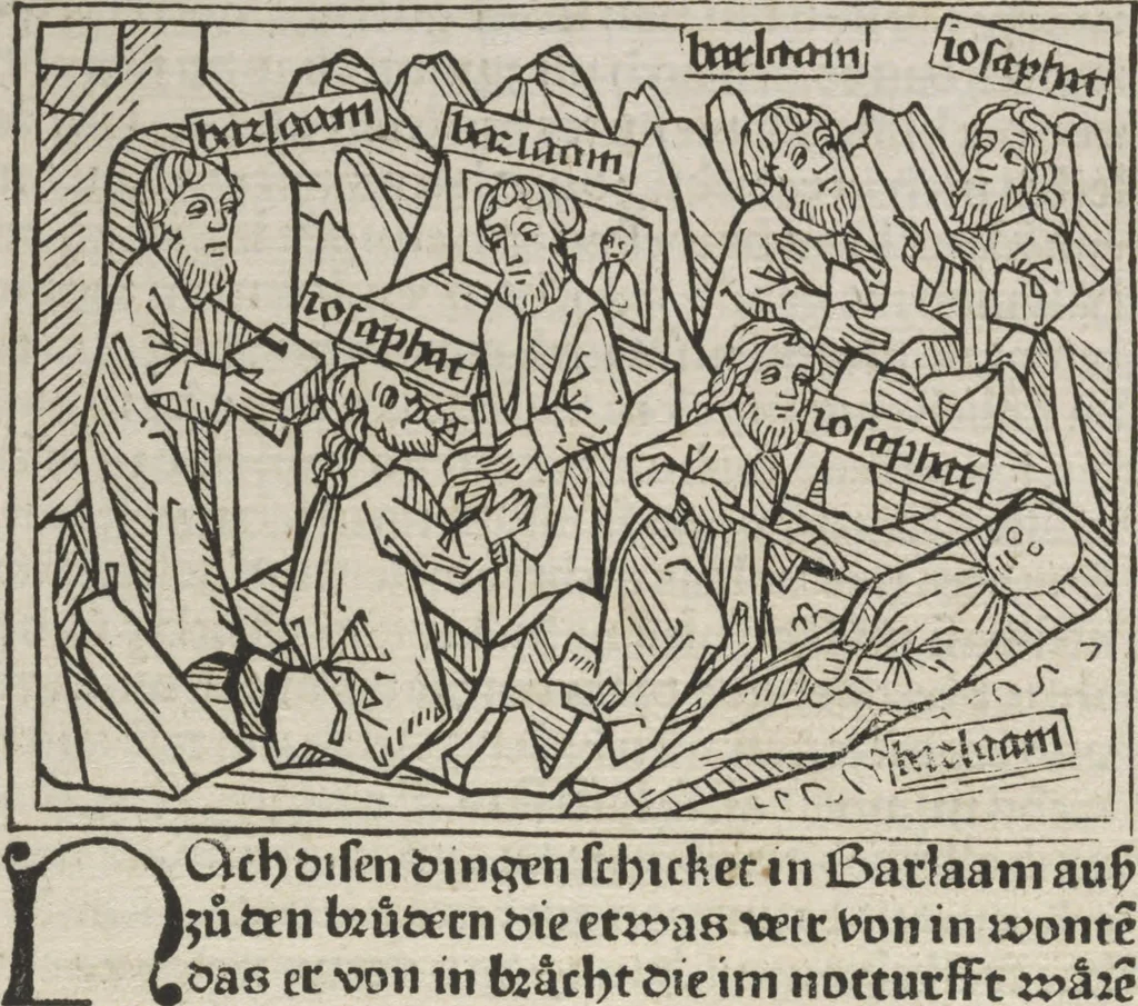 An illustration from Eyn gar loblich ... Cronica sagend von eynem heyligen Kunig mit Namen Josaphat, wie der ward bekeret von eynem heyligen Vatter vnnd Aynsideln genant Barlaam, 1476, leaf 187