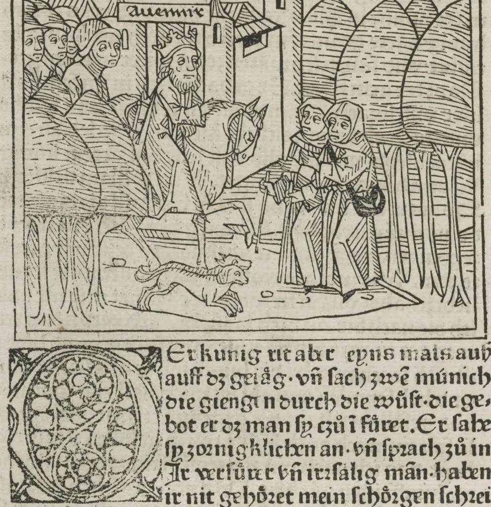An illustration from Eyn gar loblich ... Cronica sagend von eynem heyligen Kunig mit Namen Josaphat, wie der ward bekeret von eynem heyligen Vatter vnnd Aynsideln genant Barlaam, 1476, leaf 19