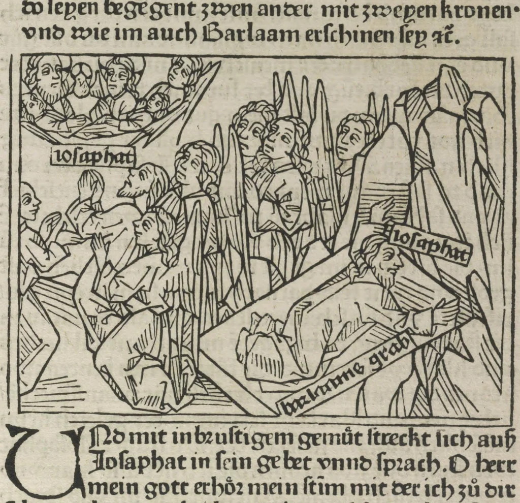 An illustration from Eyn gar loblich ... Cronica sagend von eynem heyligen Kunig mit Namen Josaphat, wie der ward bekeret von eynem heyligen Vatter vnnd Aynsideln genant Barlaam, 1476, leaf 190