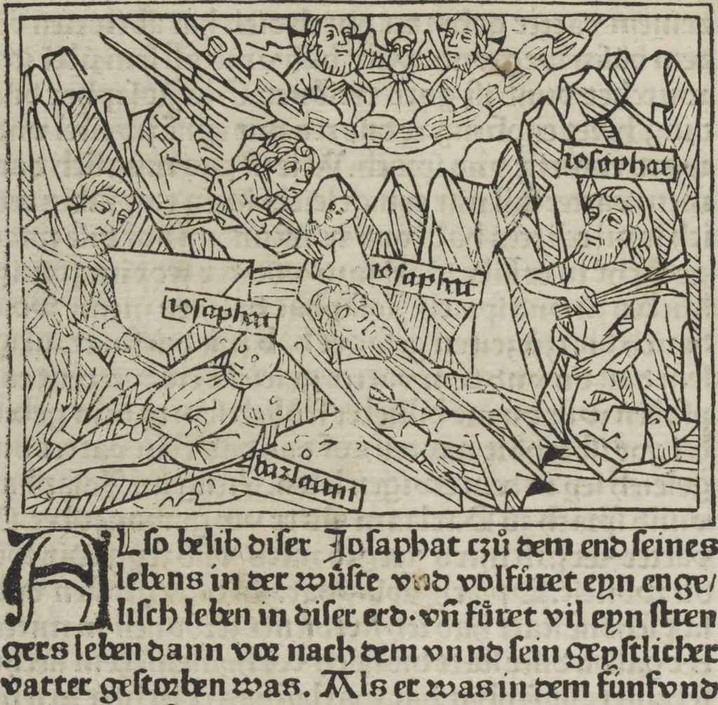 An illustration from Eyn gar loblich ... Cronica sagend von eynem heyligen Kunig mit Namen Josaphat, wie der ward bekeret von eynem heyligen Vatter vnnd Aynsideln genant Barlaam, 1476, leaf 193
