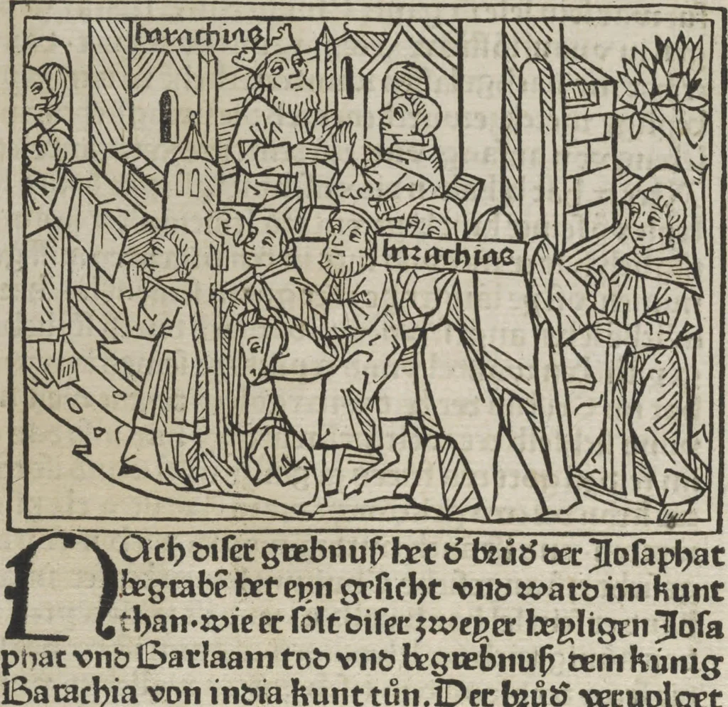 An illustration from Eyn gar loblich ... Cronica sagend von eynem heyligen Kunig mit Namen Josaphat, wie der ward bekeret von eynem heyligen Vatter vnnd Aynsideln genant Barlaam, 1476, leaf 195