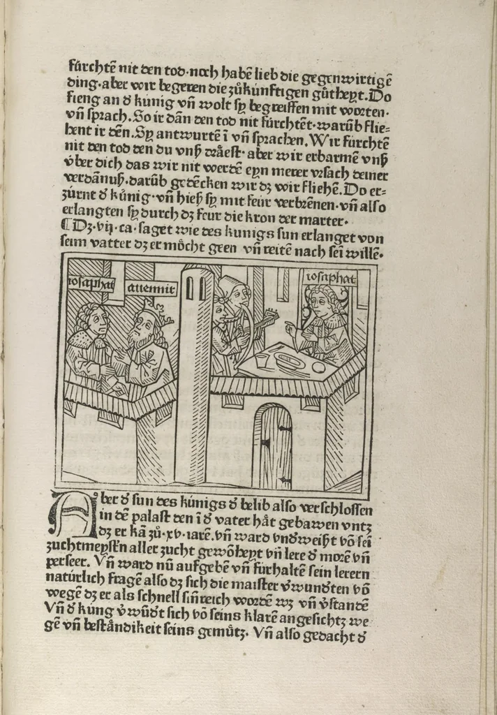 An illustration from Eyn gar loblich ... Cronica sagend von eynem heyligen Kunig mit Namen Josaphat, wie der ward bekeret von eynem heyligen Vatter vnnd Aynsideln genant Barlaam, 1476, leaf 20