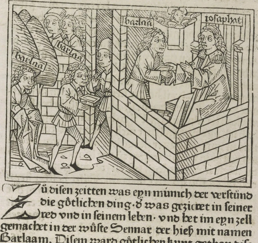 An illustration from Eyn gar loblich ... Cronica sagend von eynem heyligen Kunig mit Namen Josaphat, wie der ward bekeret von eynem heyligen Vatter vnnd Aynsideln genant Barlaam, 1476, leaf 26