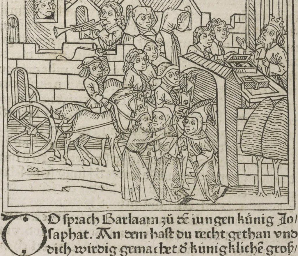 An illustration from Eyn gar loblich ... Cronica sagend von eynem heyligen Kunig mit Namen Josaphat, wie der ward bekeret von eynem heyligen Vatter vnnd Aynsideln genant Barlaam, 1476, leaf 30