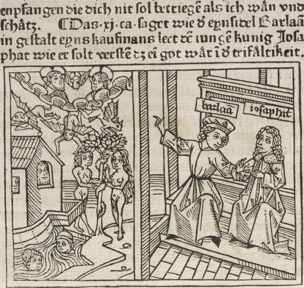 An illustration from Eyn gar loblich ... Cronica sagend von eynem heyligen Kunig mit Namen Josaphat, wie der ward bekeret von eynem heyligen Vatter vnnd Aynsideln genant Barlaam, 1476, leaf 33