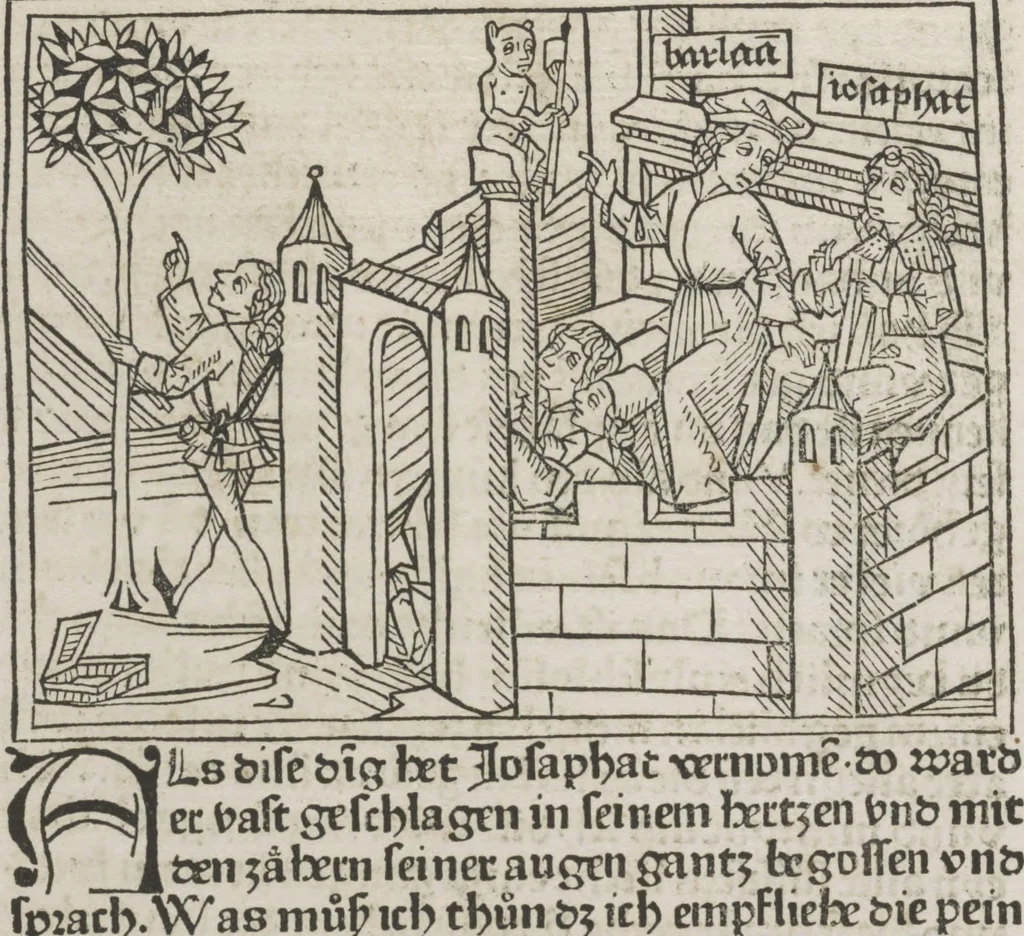 An illustration from Eyn gar loblich ... Cronica sagend von eynem heyligen Kunig mit Namen Josaphat, wie der ward bekeret von eynem heyligen Vatter vnnd Aynsideln genant Barlaam, 1476, leaf 37