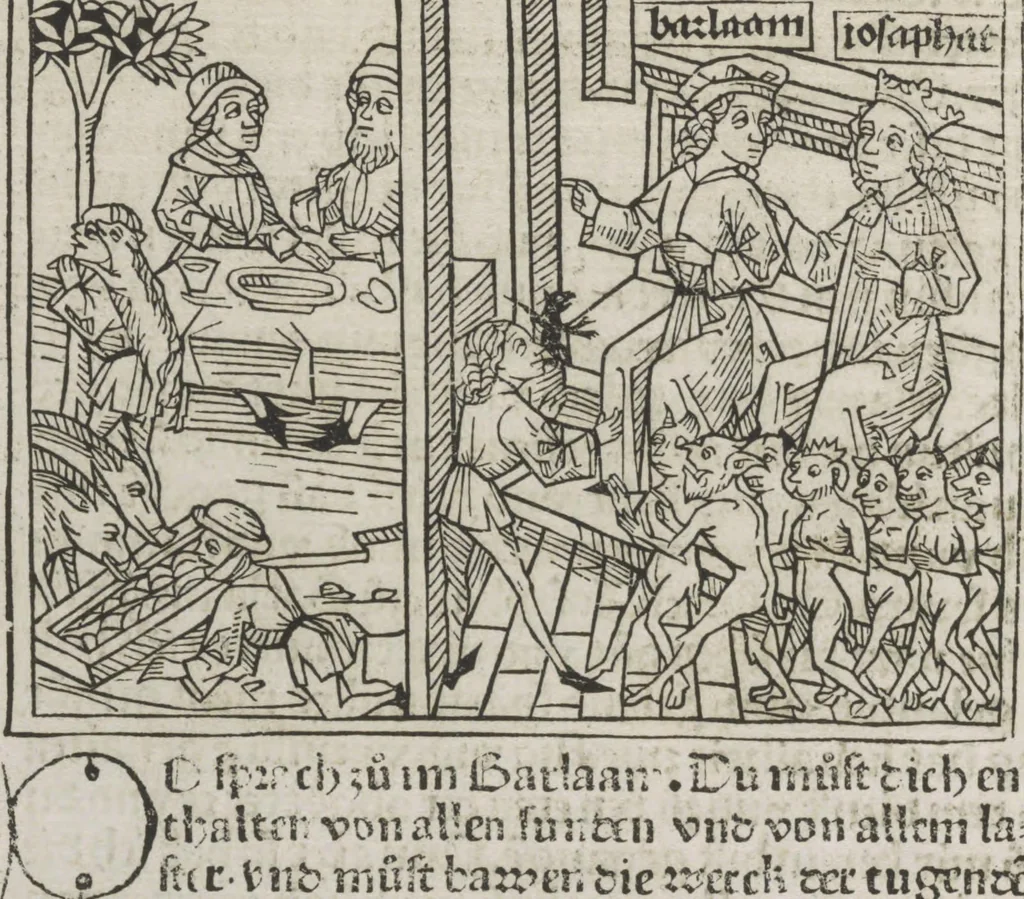 An illustration from Eyn gar loblich ... Cronica sagend von eynem heyligen Kunig mit Namen Josaphat, wie der ward bekeret von eynem heyligen Vatter vnnd Aynsideln genant Barlaam, 1476, leaf 41
