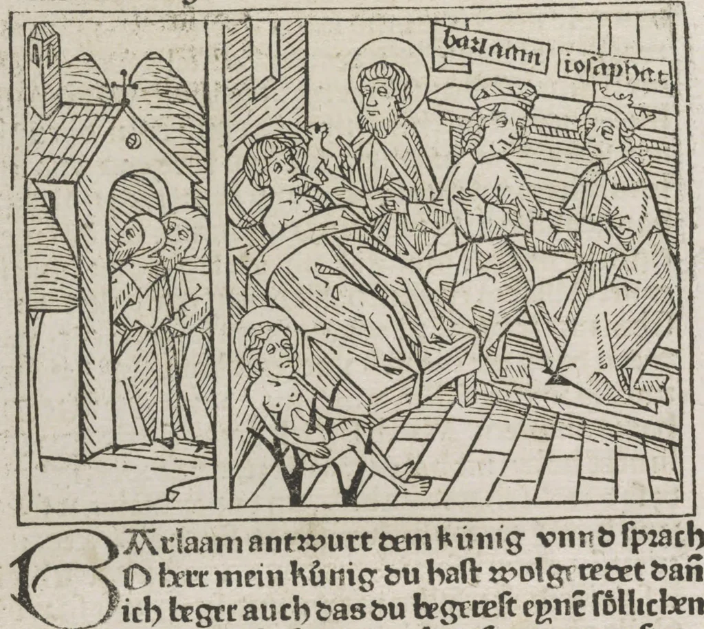 An illustration from Eyn gar loblich ... Cronica sagend von eynem heyligen Kunig mit Namen Josaphat, wie der ward bekeret von eynem heyligen Vatter vnnd Aynsideln genant Barlaam, 1476, leaf 45