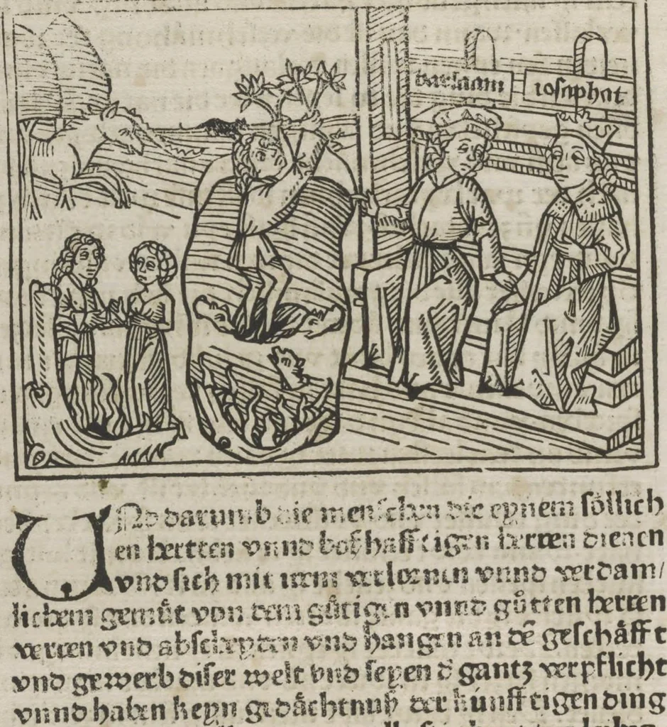 An illustration from Eyn gar loblich ... Cronica sagend von eynem heyligen Kunig mit Namen Josaphat, wie der ward bekeret von eynem heyligen Vatter vnnd Aynsideln genant Barlaam, 1476, leaf 49