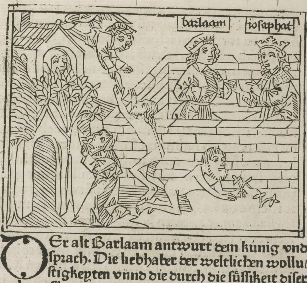 An illustration from Eyn gar loblich ... Cronica sagend von eynem heyligen Kunig mit Namen Josaphat, wie der ward bekeret von eynem heyligen Vatter vnnd Aynsideln genant Barlaam, 1476, leaf 52